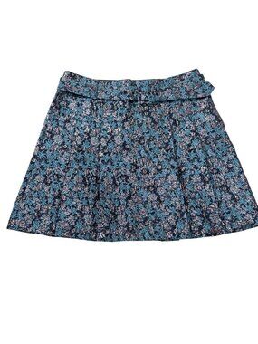 Club Monaco Women Blue Metallic Floral Jacquard Belted Mini Skirt Size 10